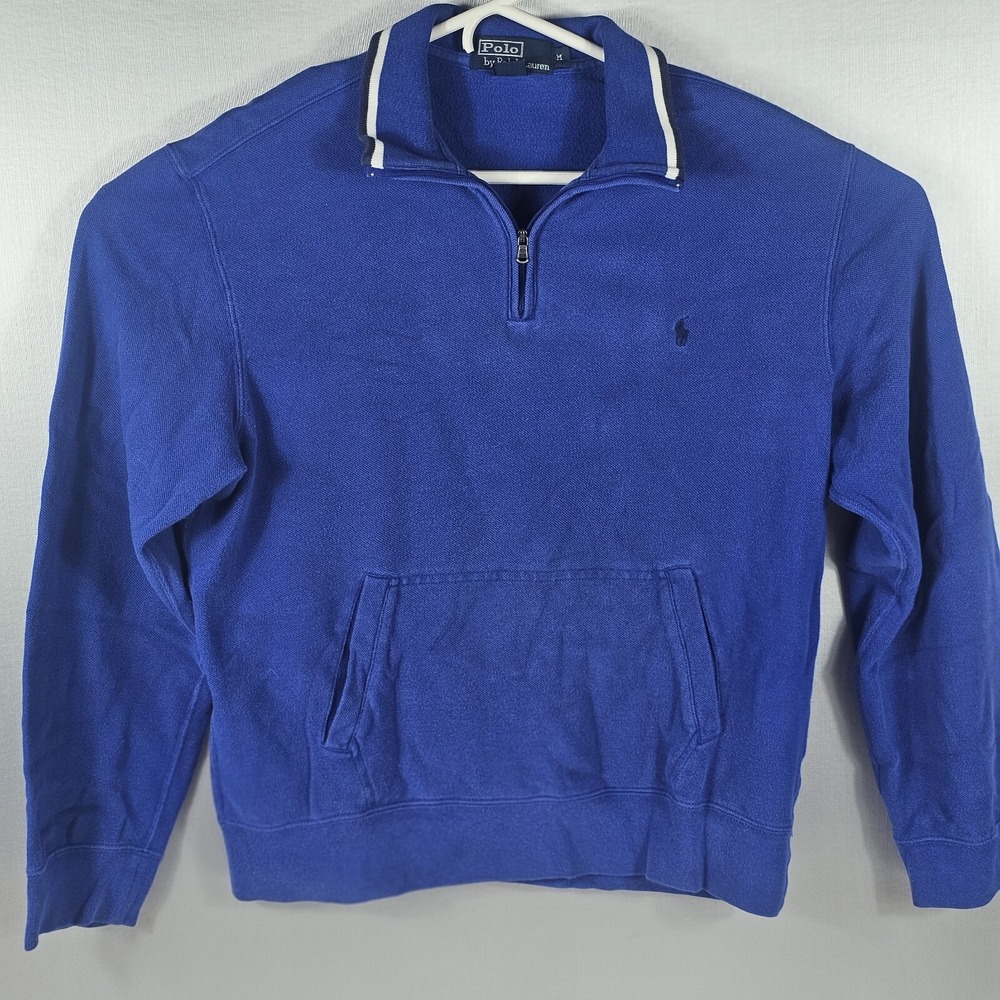 Vintage Polo Ralph Lauren Mens Medium 1/4 Zip Pullover Sweater Blue Pocket